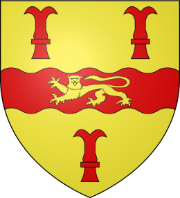 D‘or à la fasce ondée de gueules surchargée d‘un léporad passant d‘or accompagné de trois rocques de gueules deux en chef et un en pointe